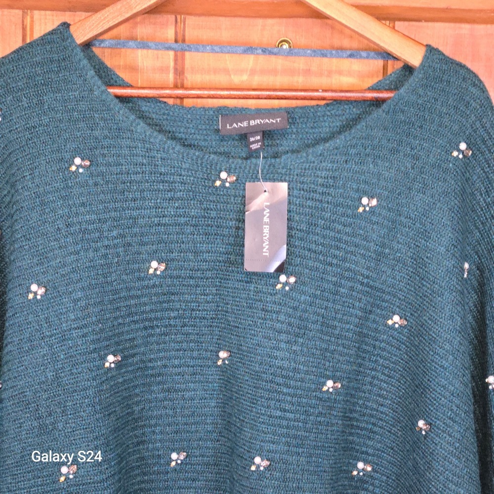 Lane Bryant Teal Green Embellished Boat Neck Sweater 26‎ 28 Plus Size